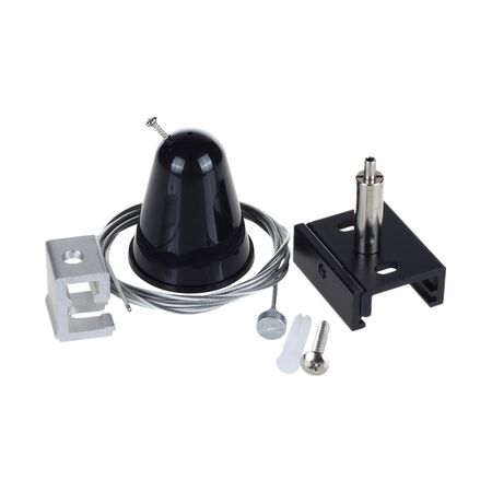 Black cable suspension kit holding a 3 circuit track run below an open ceiling