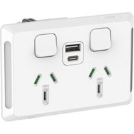 Pro Series, Twin Power Point, Horizontal Mount,1Ex2USBCHRG, Type A+C, 10A, 250V - Extra Vivid White