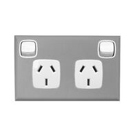 Excel - Horizontal double powerpoint 2 gang 10A 240V a.c. with safety shutters white/matt silver