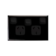 Excel - Horizontal double powerpoint 2 gang 10A 240V a.c. with extra switch black
