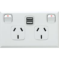 Excel - Horizontal double powerpoint with dual USB charger for plasterboard and single brick installations 2 gang 10A 240V a.c. 2x2.4A white