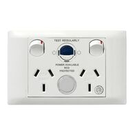 Excel Life - Medical - Common plate - Horizontal RCD protected double powerpoint - with power available & supplied LEDs - RCD protected engraved - antimicrobial & chemical resistant 2 gang 10A 240V a.c. RCD 10mA with circuit ID white
