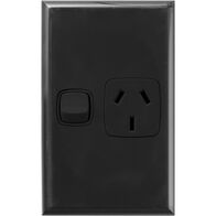 Excel - Vertical single powerpoint 1 gang 10A 240V a.c. with safety shutters black