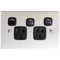 Architectural metal - Horizontal double powerpoint 2 gang 10A 240V a.c. black with extra switch stainless steel plate