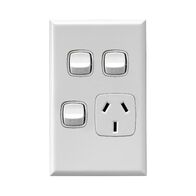 Excel - Vertical single powerpoint 1 gang 10A 240V a.c. with 2 extra switches & safety shutters white