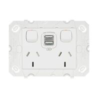 Arteor - Engraved Horizontal double powerpoint for plasterboard and single brick wall installation 2 gang 10A 240V a.c. with USB charger 2x2.4A white