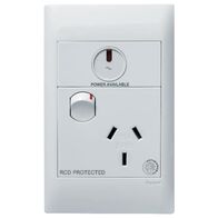 Excel Life - Medical - Common plate - Vertical single powerpoint - RCD protected engraved - antimicrobial & chemical resistant 1 gang 10A 240V a.c. with LED power available white