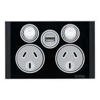 Saturn Series, Socket Outlet, Twin switched, Assembled, Single USB Charger, Horizontal, 240 V, 10 A - Espresso Black