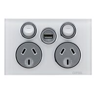 Saturn Series, Socket Outlet, Twin switched, Assembled, Single USB charger, Horizontal, 240 V, 10 A - Pure White