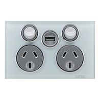 Saturn Series, Socket Outlet, Twin switched, Assembled, Single USB charger, Horizontal, 240 V, 10 A - Ocean Mist