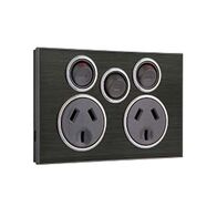 Saturn Series, Twin Switched Socket Outlet, 250V, 10A with Extra Switch - Horizon Black