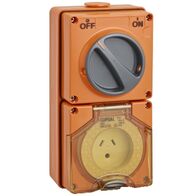 Clipsal - 56 Series, Switched Socket Outlet, 250V, 10A, 2 Flat and Round Earth PIN, IP66, 1 Pole - Resistant Orange