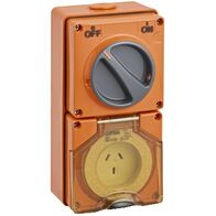 Clipsal - 56 Series, Switched Socket Outlet, 250V, 10A, 3 Flat PIN, IP66, 2 Pole - Resistant Orange
