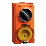 Clipsal - 56 Series, Switched Socket Outlet, 250V, 15A, 3 Flat PIN, IP66, 1 Pole, Vertical - Resistant Orange