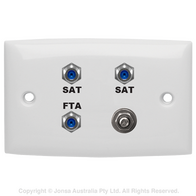 OUTLET, WALLPLATE, 3 X F FEMALE 3 GHz + EARTH, FOXTEL LOGO & FTA