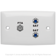 OUTLET TRIPLE WALLPLATE, PAL FEMALE TO F FEMALE & 2x F FEMALE TO 2x F FEMALE, 3 GHZ, FOXTEL LOGO