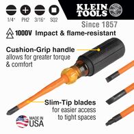 Screwdriver Set, Slim-Tip Insulated Phillips, Cabinet, Square, 4-Piece