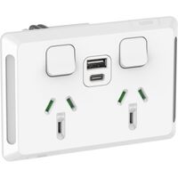 Pro Series, Twin Power Point, Horizontal Mount,1Ex2USBCHRG, Type A+C, 10A, 250V - Extra Vivid White