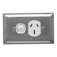 Metal Plate Series, Single Switch Socket Outlet, 250V, 15A, A Style Deep Curved Plate - White Electric