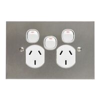 Metal Plate Series, Twin Switch Socket Outlet, 250V, 10A, BSL Style, Removable Extra Switch - White Electric