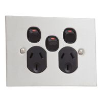 Metal Plate Series, Twin Switch Socket Outlet, 250V, 10A, BSL Style, Removable Extra Switch - Black