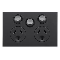 Saturn Zen, Double Power Point, With Extra Switch Horizontal Mount, 250V, 10A - Zen Black