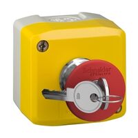 Harmony XALD XALK, Control station, plastic, yellow lid, 1 red mushroom push-button 40mm, key release, 1NC
