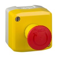 Harmony XALD XALK, Control station, plastic, yellow lid, 1 red mushroom push-button 40mm, turn to release, 1NC