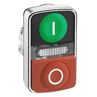 Harmony XB4, Illuminated double-headed push-button head, metal, Ø22, marked, 1 green flush I + 1 pilot light + 1 red projecting O
