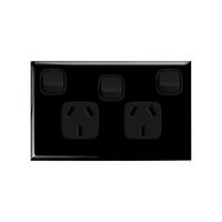 Excel - Horizontal double powerpoint 2 gang 10A 240V a.c. with extra switch black