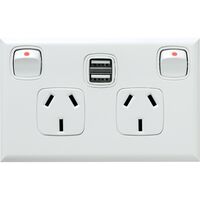 Excel - Horizontal double powerpoint with dual USB charger for plasterboard and single brick installations 2 gang 10A 240V a.c. 2x2.4A white