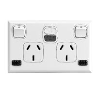 Excel - Horizontal double powerpoint RCD protected 2 gang 10A 240V a.c. with RCD 30mA & 3 neons white