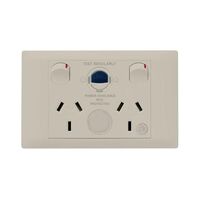 Excel Life - Medical - Common plate - Horizontal RCD protected double powerpoint - with power available & supplied LEDs - 'RCD protected' engraved - antimicrobial & chemical resistant 2 gang 10A 240V a.c. RCD 30mA beige