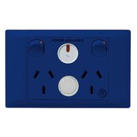 Excel Life - Medical - Common plate - Horizontal double powerpoint - RCD protected engraved - antimicrobial & chemical resistant 2 gang 10A 240V a.c. with LED power available & circuit ID blue