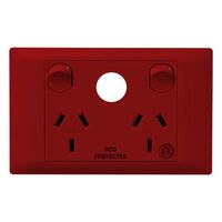 Excel Life - Medical - Common plate - Horizontal double powerpoint - RCD protected engraved - antimicrobial & chemical resistant 2 gang 10A 240V a.c. with extra function hole - Red