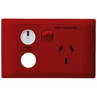 Excel Life - Medical - Common plate - Horizontal single powerpoint - RCD protected engraved - antimicrobial & chemical resistant 1 gang 10A 240V a.c. with LED power available & circuit ID red