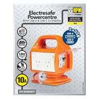 HPM Electrosafe 4 Outlet 10A USB A&C Portable Powercentre with RCBO Protection Orange