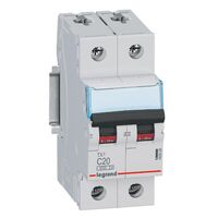 TX³ - MCB 6000 - Thermal magnetic circuit breaker - C curve - prong/fork type supply busbar - 2P - 230/400V a.c. - 20A - 2 module