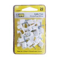 HPM Flat Type Cable Clips 15mm White - 20 Pack
