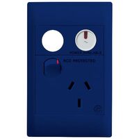 Excel Life - Medical - Common plate - Vertical single powerpoint - RCD protected engraved - antimicrobial & chemical resistant 1 gang 10A 240V a.c. with LED power available & circuit ID blue