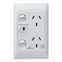 Excel Life - Medical - Common plate - Vertical double powerpoint - RCD protected engraved - antimicrobial & chemical resistant 2 gang 10A 240V a.c. with LED power available white