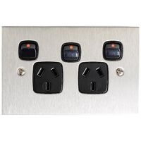 Architectural metal - Horizontal double powerpoint 2 gang 10A 240V a.c. black with extra switch stainless steel plate