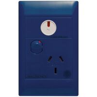 Excel Life - Medical - Common plate - Vertical single powerpoint - RCD protected engraved - antimicrobial & chemical resistant 1 gang 10A 240V a.c. with LED power available blue