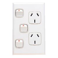 Excel - Vertical double powerpoint 2 gang 10A 240V a.c. with extra switch & safety shutters white