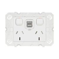 Arteor - Engraved Horizontal double powerpoint for plasterboard and single brick wall installation 2 gang 10A 240V a.c. with USB charger 2x2.4A white