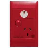 Excel Life - Medical - Common plate - Vertical single powerpoint - RCD protected engraved - antimicrobial & chemical resistant 1 gang 10A 240V a.c. with LED power available red