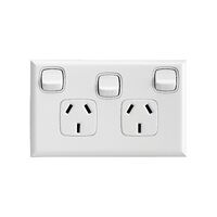 Excel - Horizontal double powerpoint 2 gang 10A 240V a.c. with extra switch & safety shutters gloss white