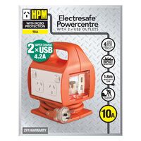 HPM Electrosafe 4 Outlet 10A USB A Portable Powercentre with RCBO Protection Orange