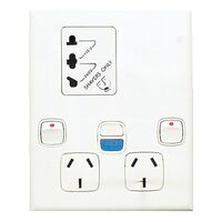 Excel - Horizontal double powerpoint with shaver outlet 2 gang 10A 240V a.c. with RCD 30mA white