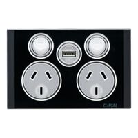 Saturn Series, Socket Outlet, Twin switched, Assembled, Single USB Charger, Horizontal, 240 V, 10 A - Espresso Black